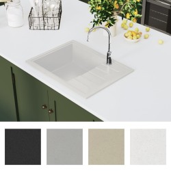Évier de cuisine avec trou de trop-plein ovale Blanc Granit 