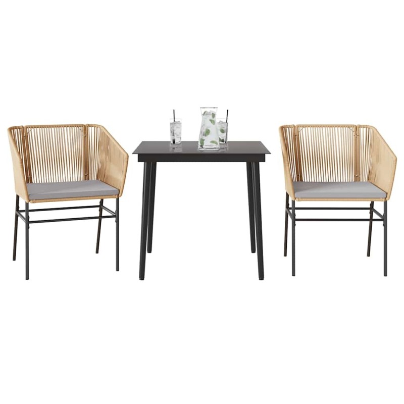 Ensemble à manger jardin coussins 3pcs marron poly rotin verre 