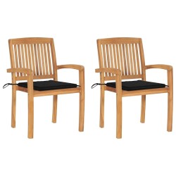 Chaises de jardin lot de 2 et coussins noir Bois de teck massif 