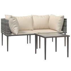Salon de jardin 3 pcs avec coussins Gris Résine tressée 