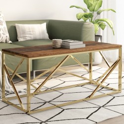 Table basse doré acier inoxydable et bois de mélèze massif 