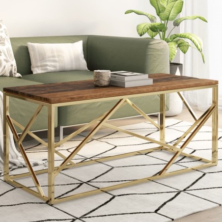 Table basse doré acier inoxydable et bois de mélèze massif 