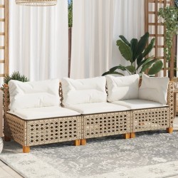 Canapé de jardin avec coussins 3 places beige résine tressée 