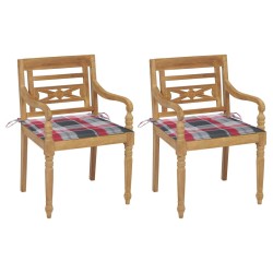 Chaises Batavia lot de 2 coussins à carreaux rouge Teck massif 