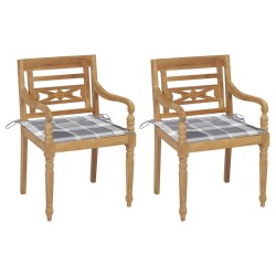 Chaises Batavia lot de 2 coussins à carreaux gris Teck massif 