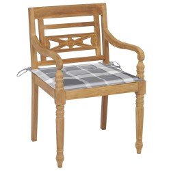 Chaises Batavia lot de 2 coussins à carreaux gris Teck massif 