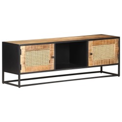 Meuble TV 120x30x40 cm Bois de manguier brut et canne naturelle 
