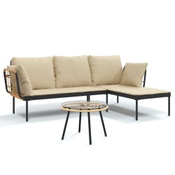 Salon de jardin 3 pcs avec coussins beiges résine tressée 