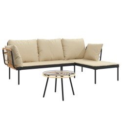 Salon de jardin 3 pcs avec coussins beiges résine tressée 