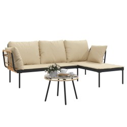 Salon de jardin 3 pcs avec coussins beiges résine tressée 