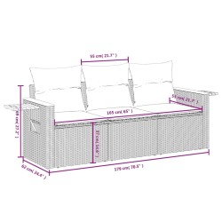 Salon de jardin avec coussins 3 pcs gris résine tressée 