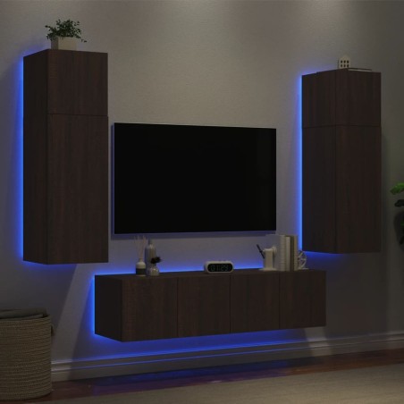 Unités murales TV avec LED 6 pcs chêne marron bois d'ingénierie 