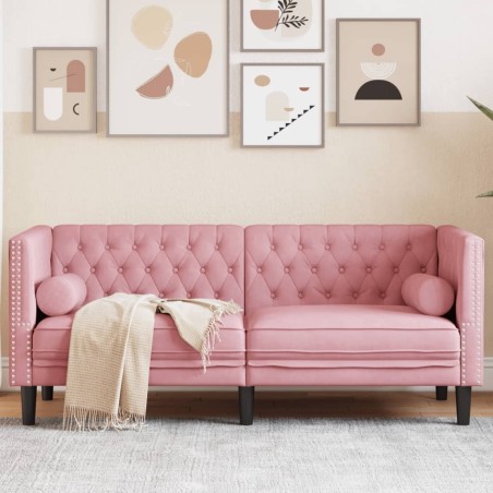 Canapé Chesterfield avec traversins 2 places rose velours 