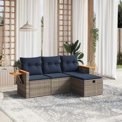 Salon de jardin 4 pcs avec coussins gris résine tressée 