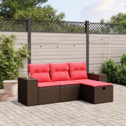 Salon de jardin 4 pcs avec coussins marron résine tressée 
