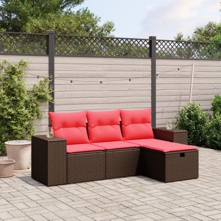 Salon de jardin 4 pcs avec coussins marron résine tressée 