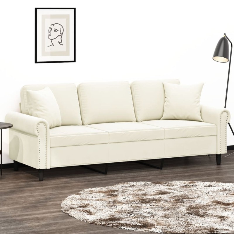 Canapé 3 places avec oreillers décoratifs crème 180 cm velours 