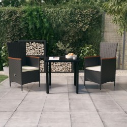 Ensemble à manger de jardin avec coussins 3 pcs noir 