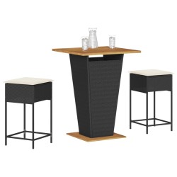 Ensemble de bar de jardin 3 pcs avec coussins noir poly rotin 