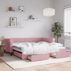 Lit de jour avec gigogne et tiroirs rose 100x200 cm velours 