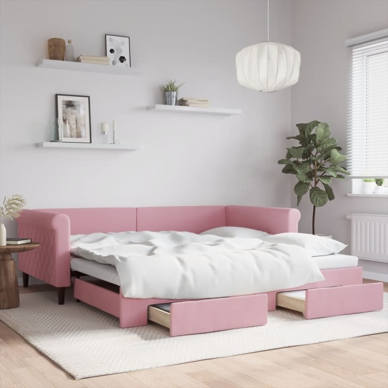 Lit de jour avec gigogne et tiroirs rose 100x200 cm velours 