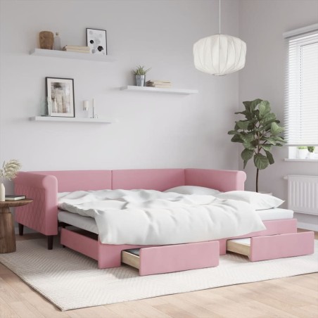 Lit de jour avec gigogne et tiroirs rose 100x200 cm velours 