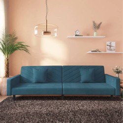 Canapé-lit à 2 places avec deux oreillers bleu velours 