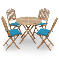 Mobilier à dîner d'extérieur pliable 5 pcs avec coussins bambou 