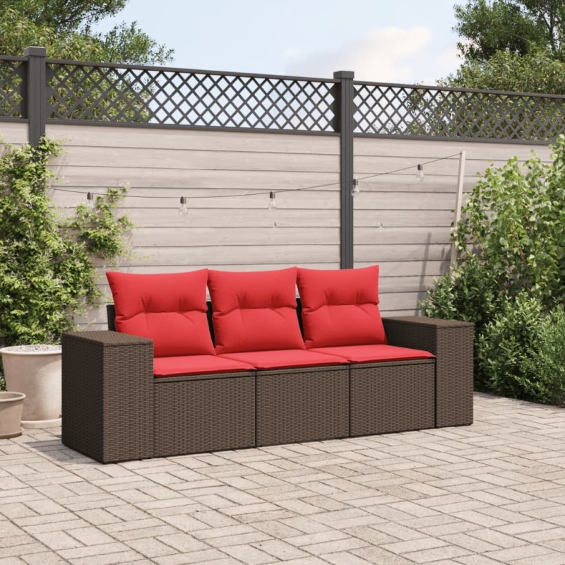 Salon de jardin avec coussins 3 pcs marron résine tressée 