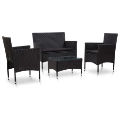 Salon de jardin 4 pcs avec coussins Résine tressée Noir 
