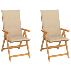 Chaises de jardin lot de 2 et coussins beige Bois teck massif 