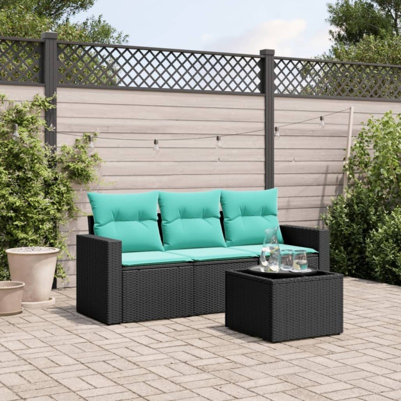 Salon de jardin 4 pcs avec coussins noir résine tressée 