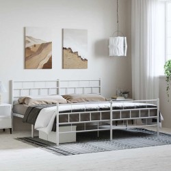Cadre de lit métal sans matelas et pied de lit blanc 193x203 cm 