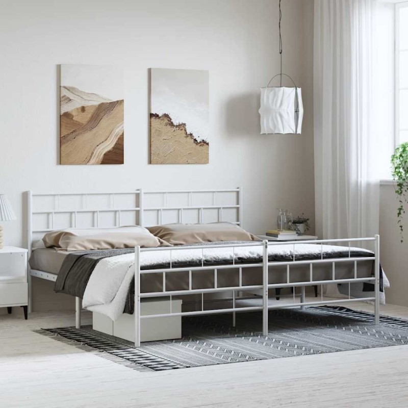 Cadre de lit métal sans matelas et pied de lit blanc 193x203 cm 