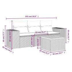 Salon de jardin 4 pcs avec coussins gris résine tressée 