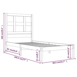 Cadre de lit sans matelas noir 75x190 cm bois massif 