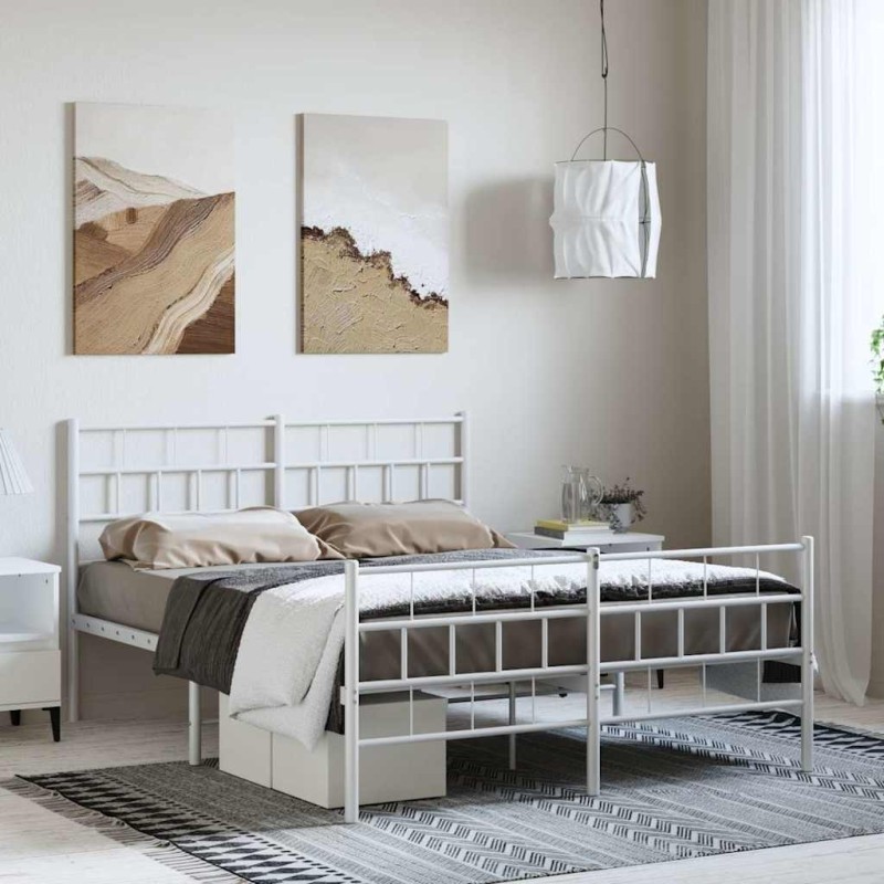 Cadre de lit métal sans matelas et pied de lit blanc 150x200 cm 