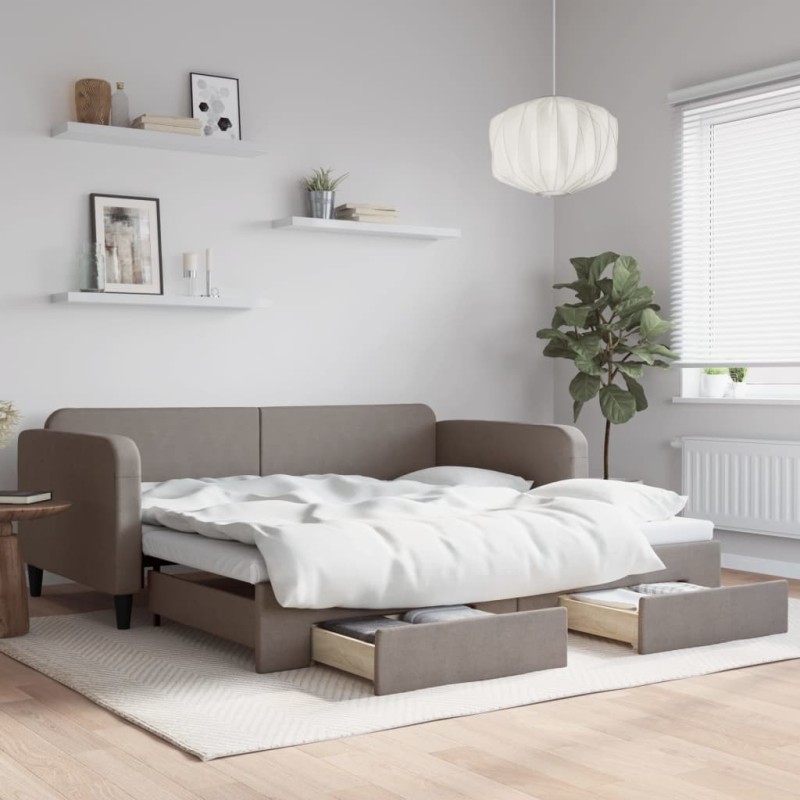 Lit de jour avec gigogne et tiroirs taupe 100x200 cm tissu 