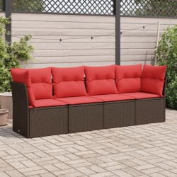 Salon de jardin 4 pcs avec coussins marron résine tressée 
