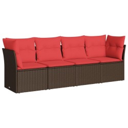 Salon de jardin 4 pcs avec coussins marron résine tressée 