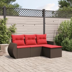 Salon de jardin 4 pcs avec coussins marron résine tressée 