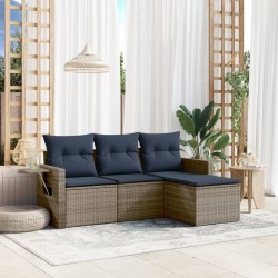 Salon de jardin 4 pcs avec coussins gris résine tressée 