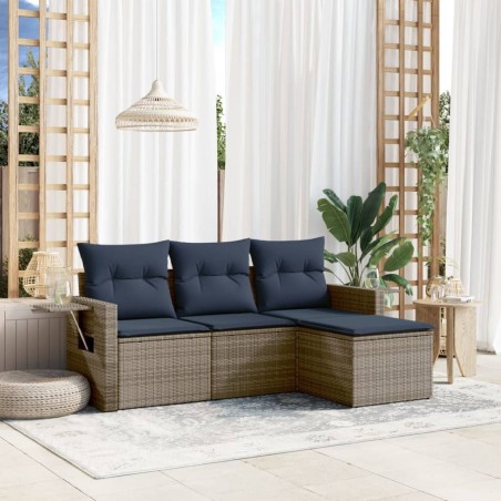 Salon de jardin 4 pcs avec coussins gris résine tressée 