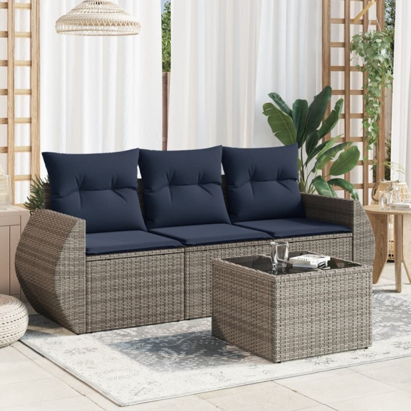 Salon de jardin 4 pcs avec coussins gris résine tressée 