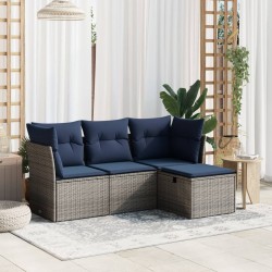 Salon de jardin 4 pcs avec coussins gris résine tressée 