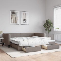 Lit de jour avec gigogne et tiroirs taupe 100x200 cm tissu 