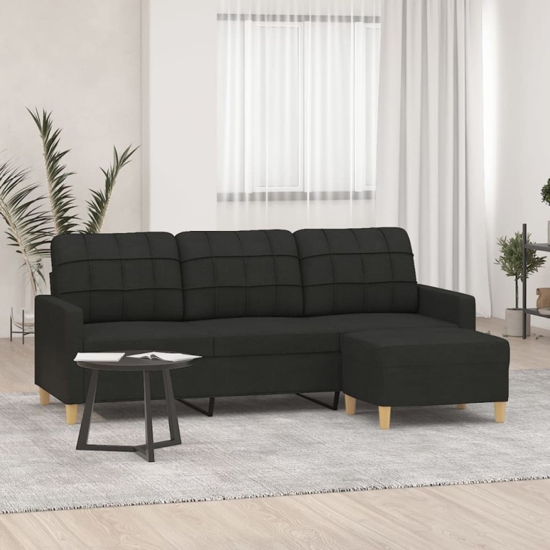 Canapé à 3 places avec repose-pieds Noir 180 cm Tissu 