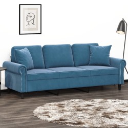 Canapé 3 places avec oreillers décoratifs bleu 180 cm velours 