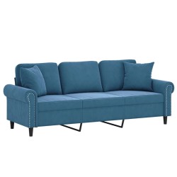 Canapé 3 places avec oreillers décoratifs bleu 180 cm velours 