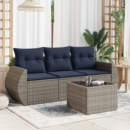 Salon de jardin 4 pcs avec coussins gris résine tressée 